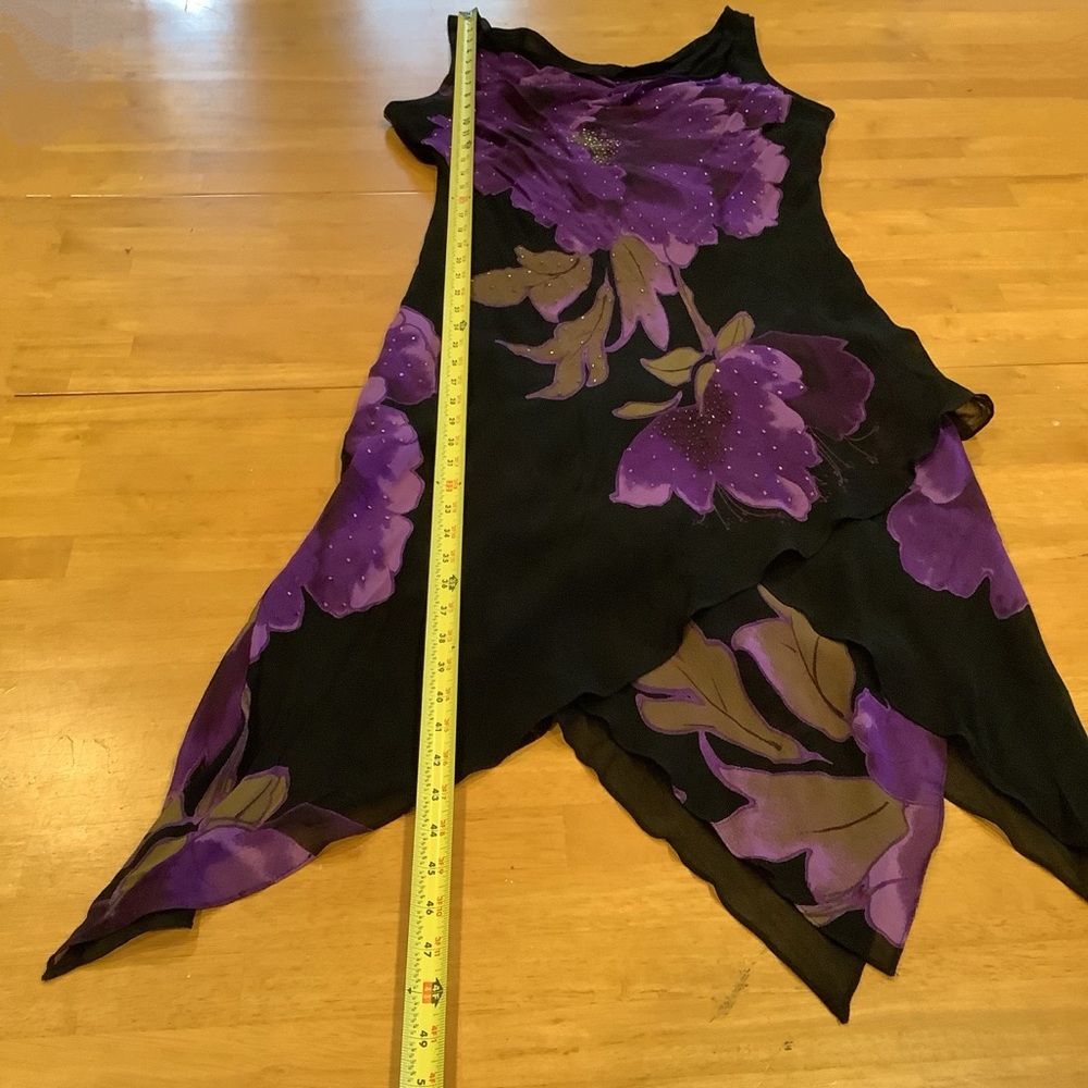 Vtg Black Purple Floral Midi Dress Size 14 Handkerchief Hem Fairy Whimsygoth - Picture 13 of 16